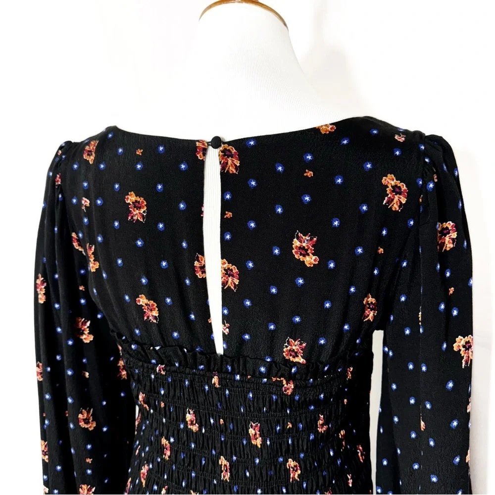Free People Smocked Floral Celestial Star Black Long Sleeve Skater Mini Dress - Picture 11 of 14